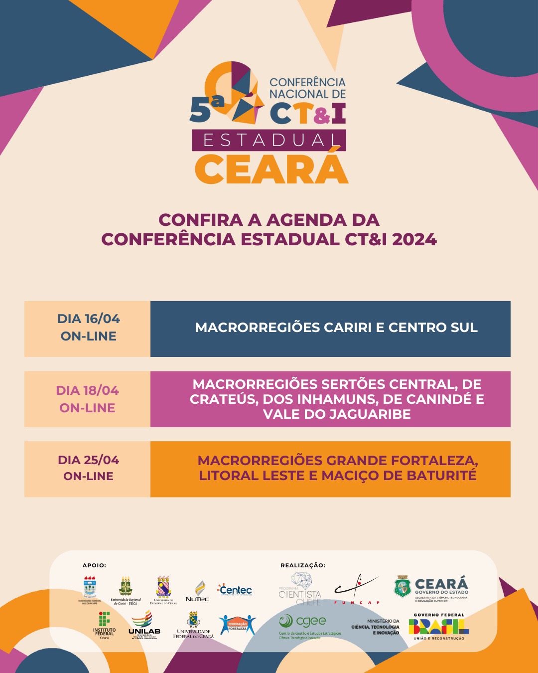 Cariri e Centro-Sul recebem nesta terça-feira,16, etapa regional da Conferência Estadual de CT&I; evento será virtual