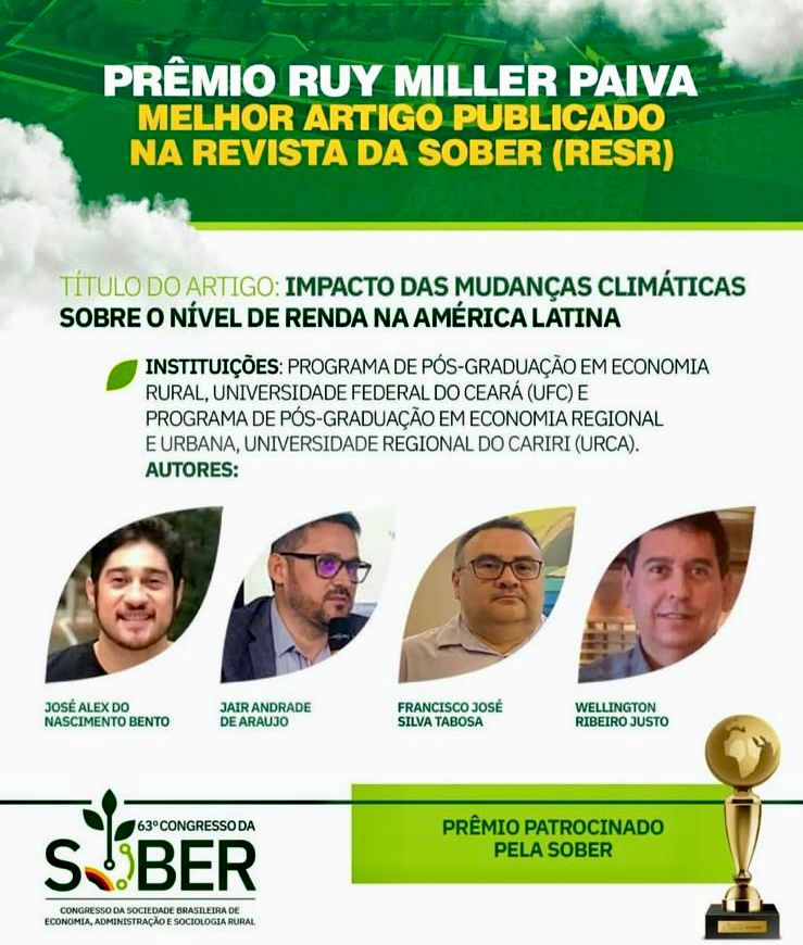 Professor e ex-aluno da URCA vencem Prêmio Ruy Miller Paiva de melhor artigo publicado na revista da SOBER