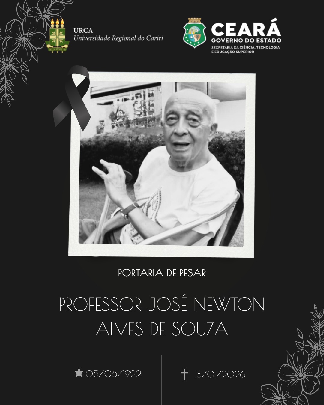 Portaria de Pesar pelo falecimento do Professor José Newton Alves de Sousa, um dos fundadores da URCA
