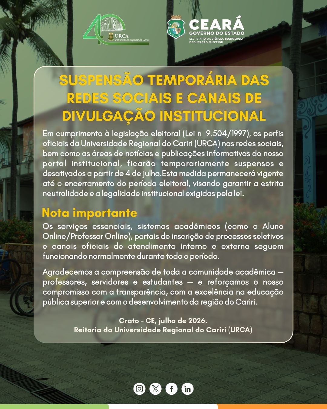 Aviso Institucional - Suspensão Temporária das Redes Sociais e Canais de Divulgação